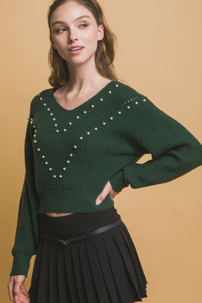 Pearl-Detail Sweater – Soft, Stretchy Blend of Polyester, Nylon & Spandex, Perfect for Special Occasions or Elevating Everyday Style with Refined Pearl Accents