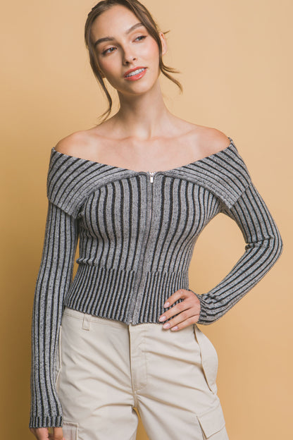 Ribbed Bardot Zip-Up Long Sleeve Top – Viscose, Polyester & Nylon Blend, Off-Shoulder Neckline with Zip Closure, Perfect for Casual Outings & Evening Events