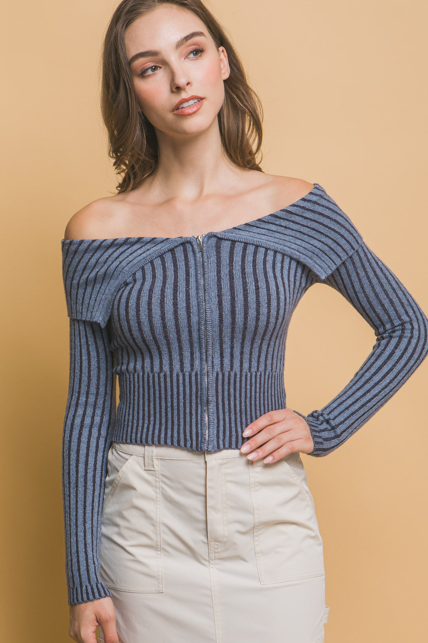 Ribbed Bardot Zip-Up Long Sleeve Top – Viscose, Polyester & Nylon Blend, Off-Shoulder Neckline with Zip Closure, Perfect for Casual Outings & Evening Events