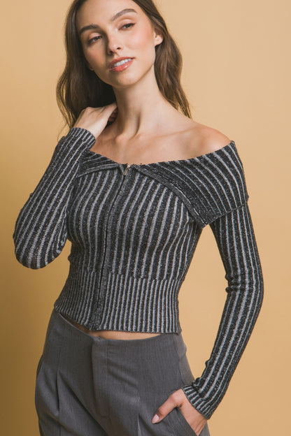 Ribbed Bardot Zip-Up Long Sleeve Top – Viscose, Polyester & Nylon Blend, Off-Shoulder Neckline with Zip Closure, Perfect for Casual Outings & Evening Events