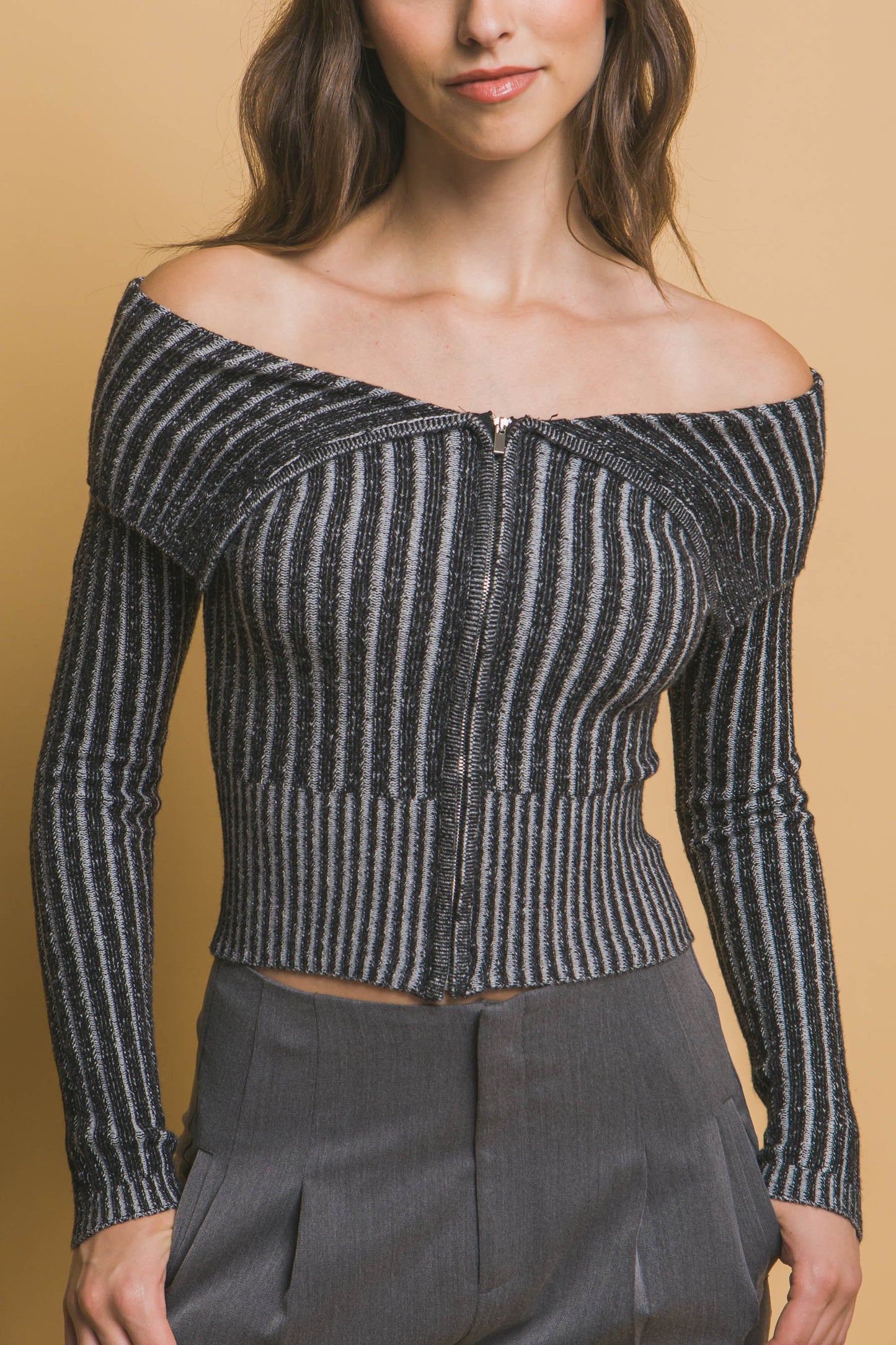 Ribbed Bardot Zip-Up Long Sleeve Top – Viscose, Polyester & Nylon Blend, Off-Shoulder Neckline with Zip Closure, Perfect for Casual Outings & Evening Events