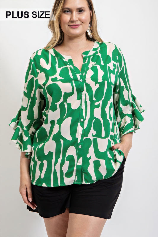 Geometric Print Ruffled Bell Sleeve Woven Top – Feminine Ruffled Sleeves with Striking Geometric Print, Lightweight Polyester