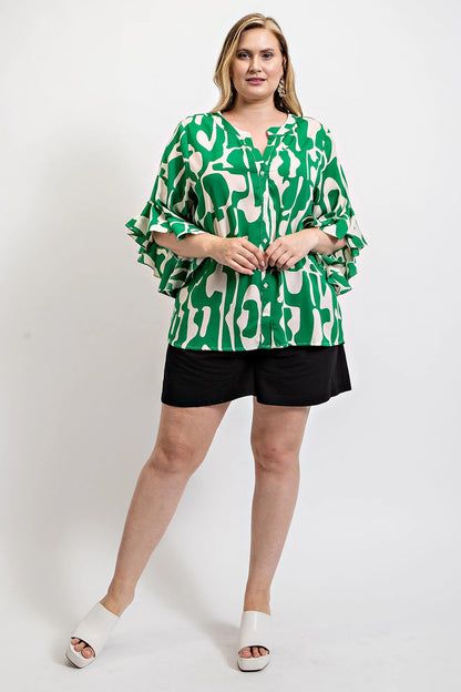 Geometric Print Ruffled Bell Sleeve Woven Top – Feminine Ruffled Sleeves with Striking Geometric Print, Lightweight Polyester