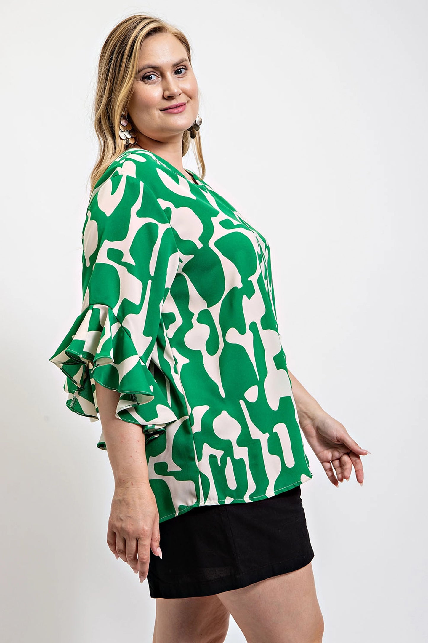 Geometric Print Ruffled Bell Sleeve Woven Top – Feminine Ruffled Sleeves with Striking Geometric Print, Lightweight Polyester