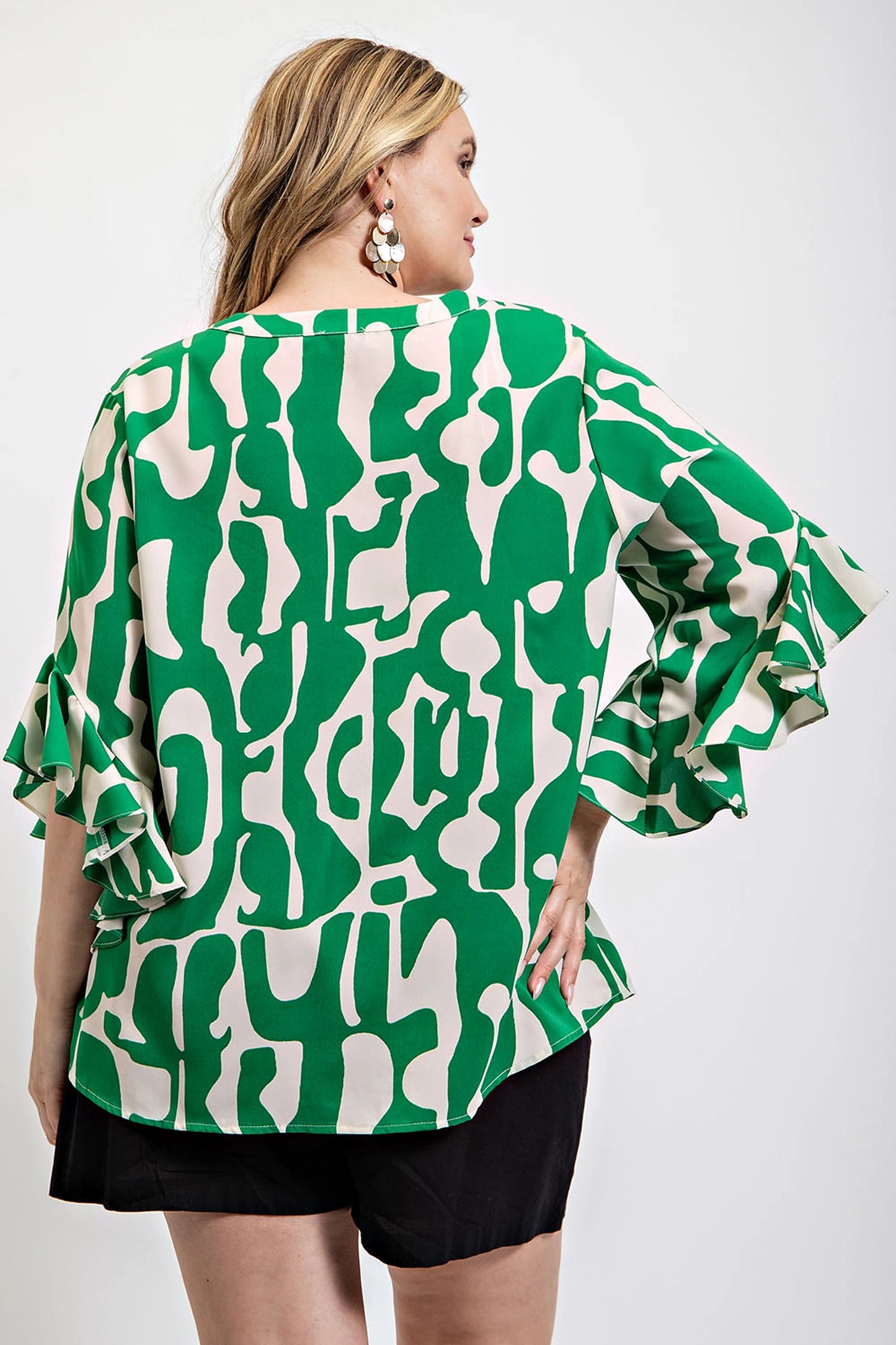 Geometric Print Ruffled Bell Sleeve Woven Top – Feminine Ruffled Sleeves with Striking Geometric Print, Lightweight Polyester