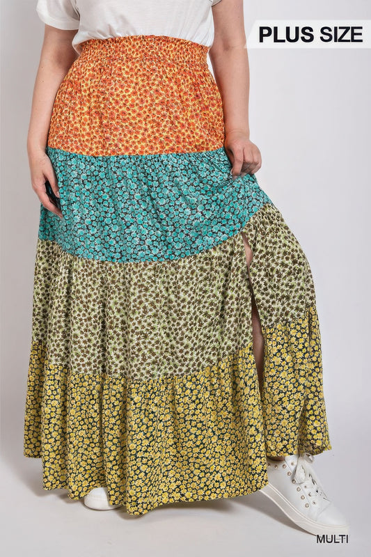 Charming Ditsy Floral Color Block Skirt with Front Slit – Lightweight 100% Rayon for Flattering Comfort