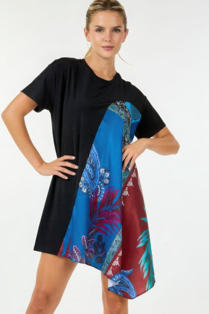 Print Handkerchief Hem Tunic Top – Stunning Pattern, Rayon, Nylon & Spandex Blend for Comfort, Flattering Fit, Perfect for Casual Outings, Brunches, or Relaxed Office Wear.