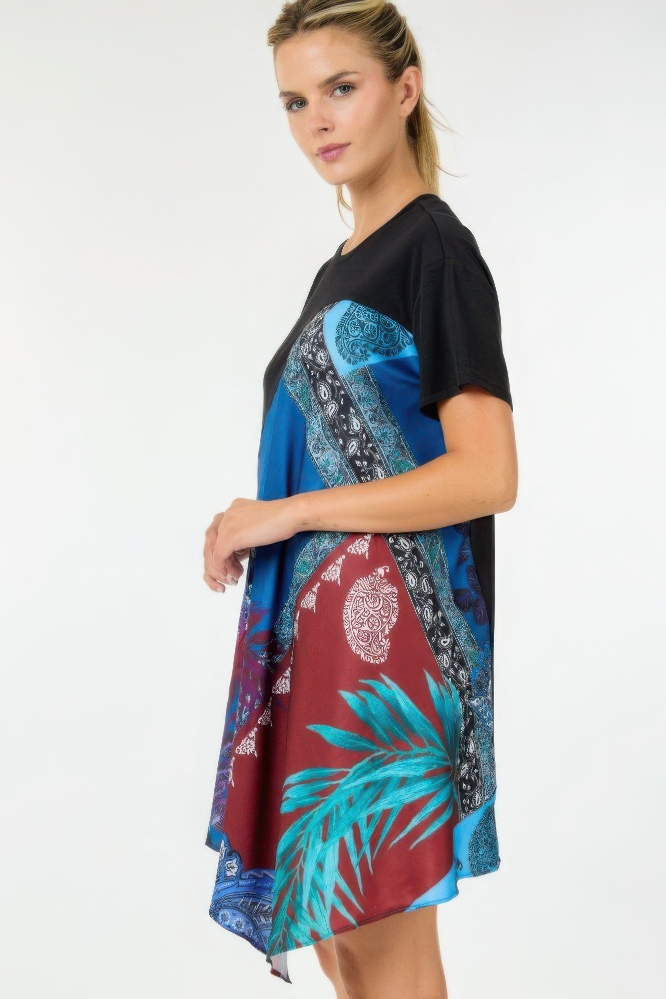 Print Handkerchief Hem Tunic Top – Stunning Pattern, Rayon, Nylon & Spandex Blend for Comfort, Flattering Fit, Perfect for Casual Outings, Brunches, or Relaxed Office Wear.